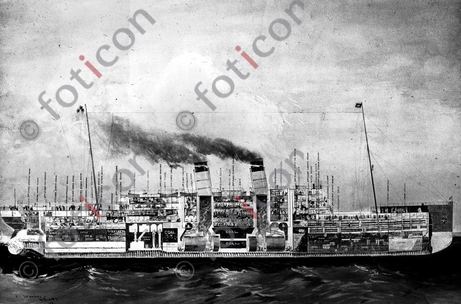 Schnittzeichung der RMS Titanic | Sectional drawing of the RMS Titanic  - Foto simon-titanic-196-002-sw.jpg | foticon.de - Bilddatenbank für Motive aus Geschichte und Kultur